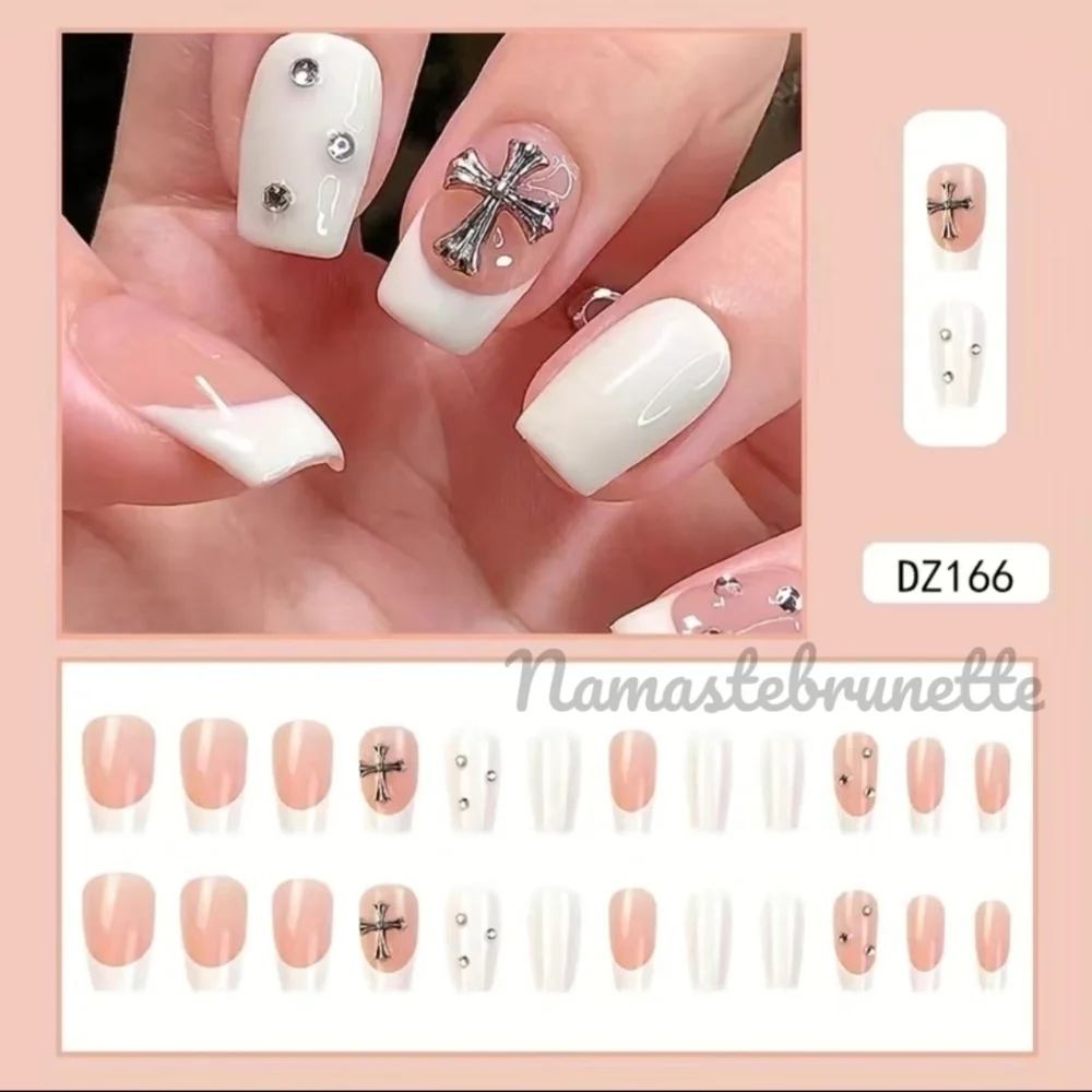2/$16 Rhinestone Cross French Manicure Press On Nails